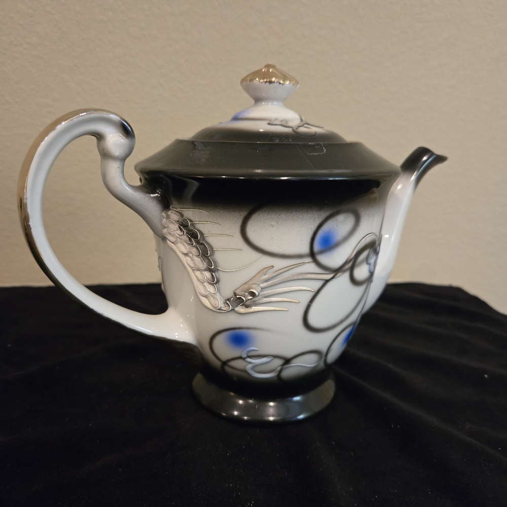 Elegant Dragon Motif Teapot - Black, Blue, and White